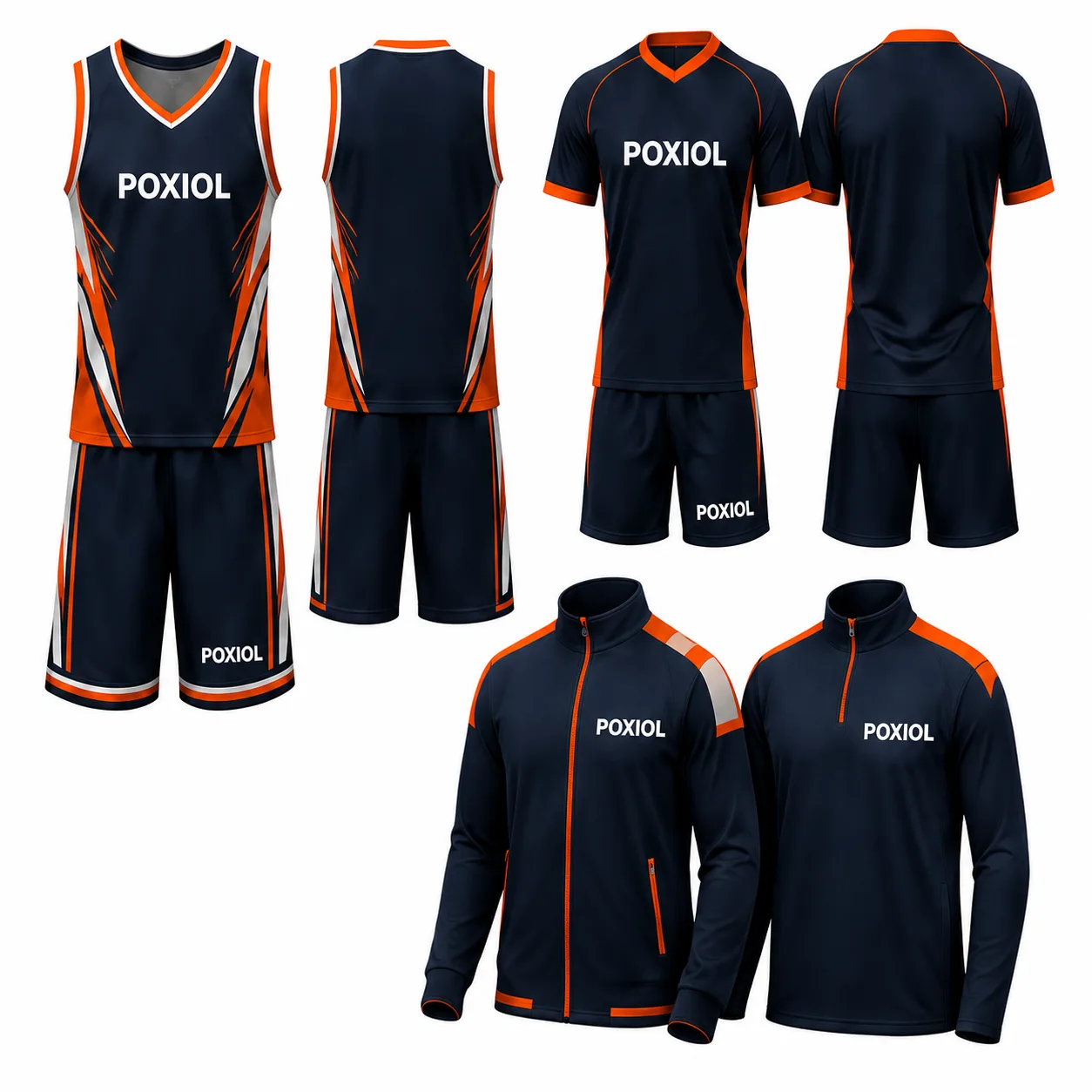 Illustrative basketball, soccer and training range with POXIOL wordmarks