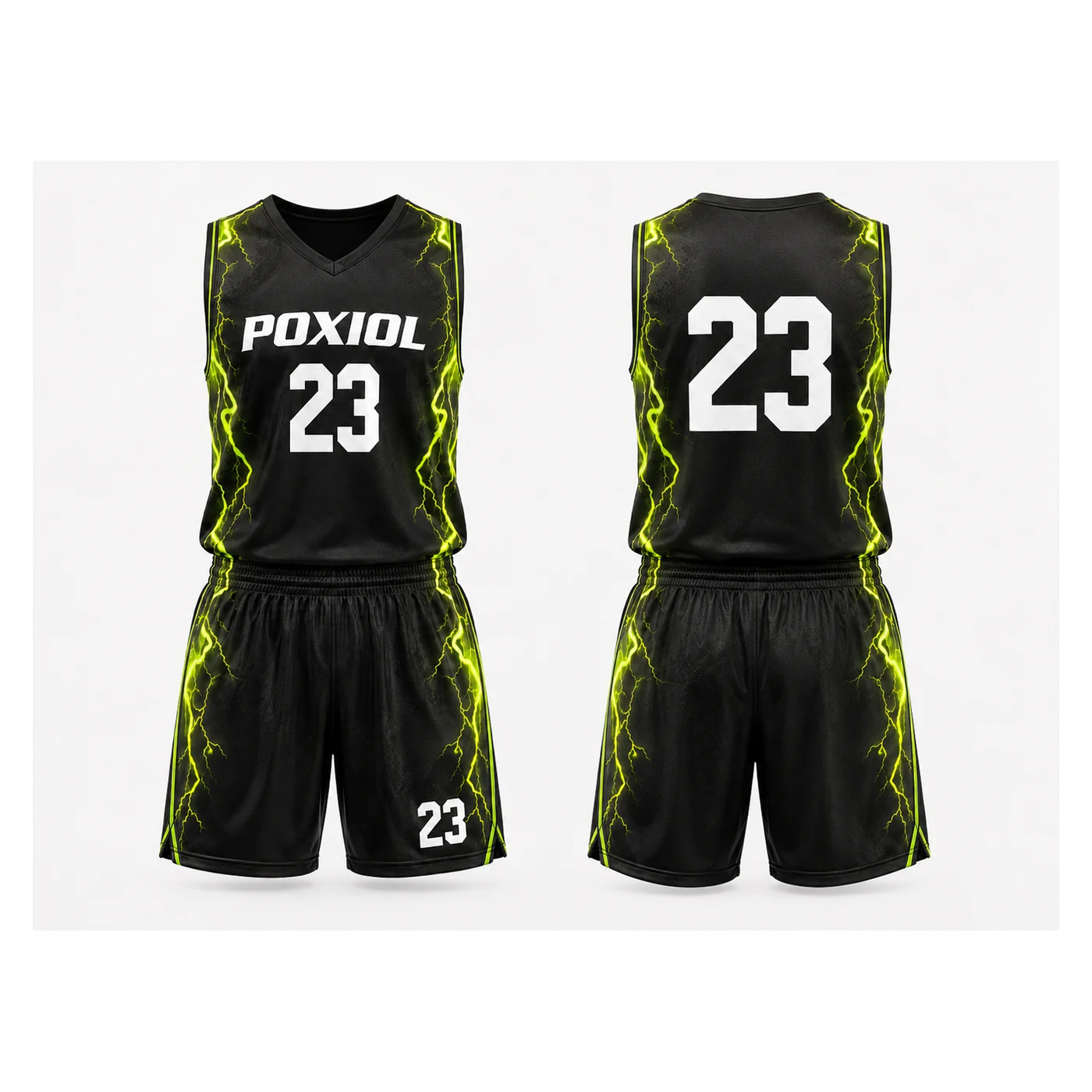 Front and back comparison of matching POXIOL basketball uniform set