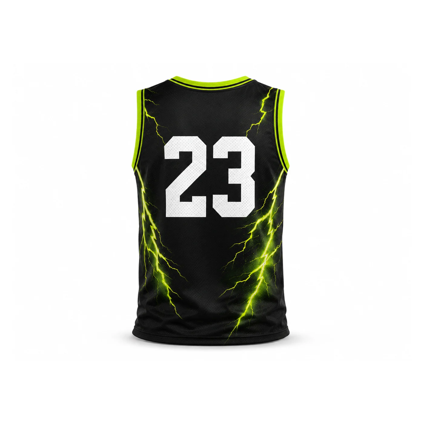 Back view of black basketball jersey with neon green lightning graphics and number 23