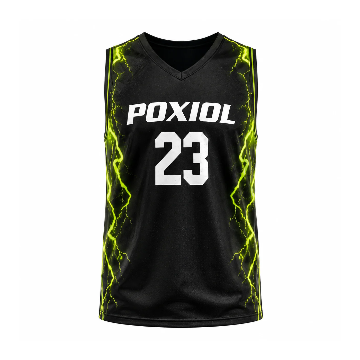 Front view of black POXIOL basketball jersey with neon green lightning graphics and number 23