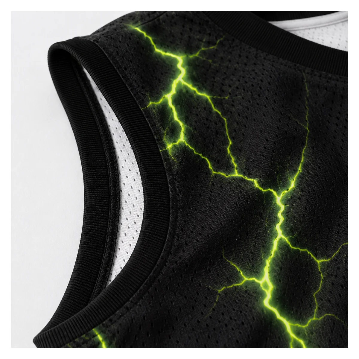 Close-up visualization of ribbed basketball jersey armhole and mesh surface