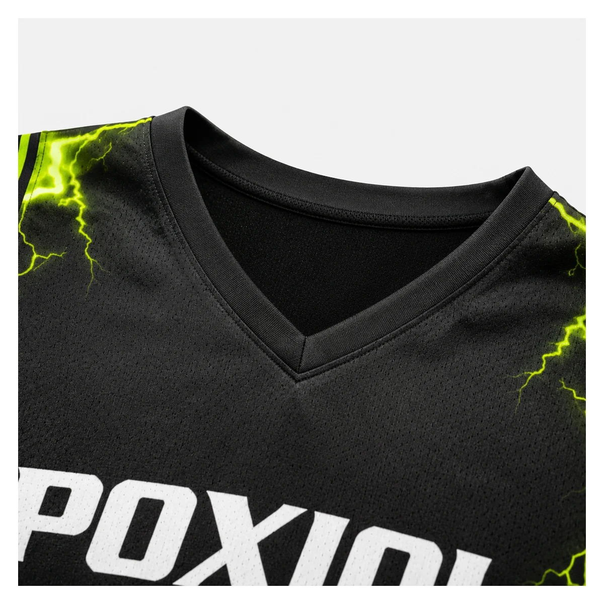 Close-up visualization of black ribbed V-neck basketball jersey collar