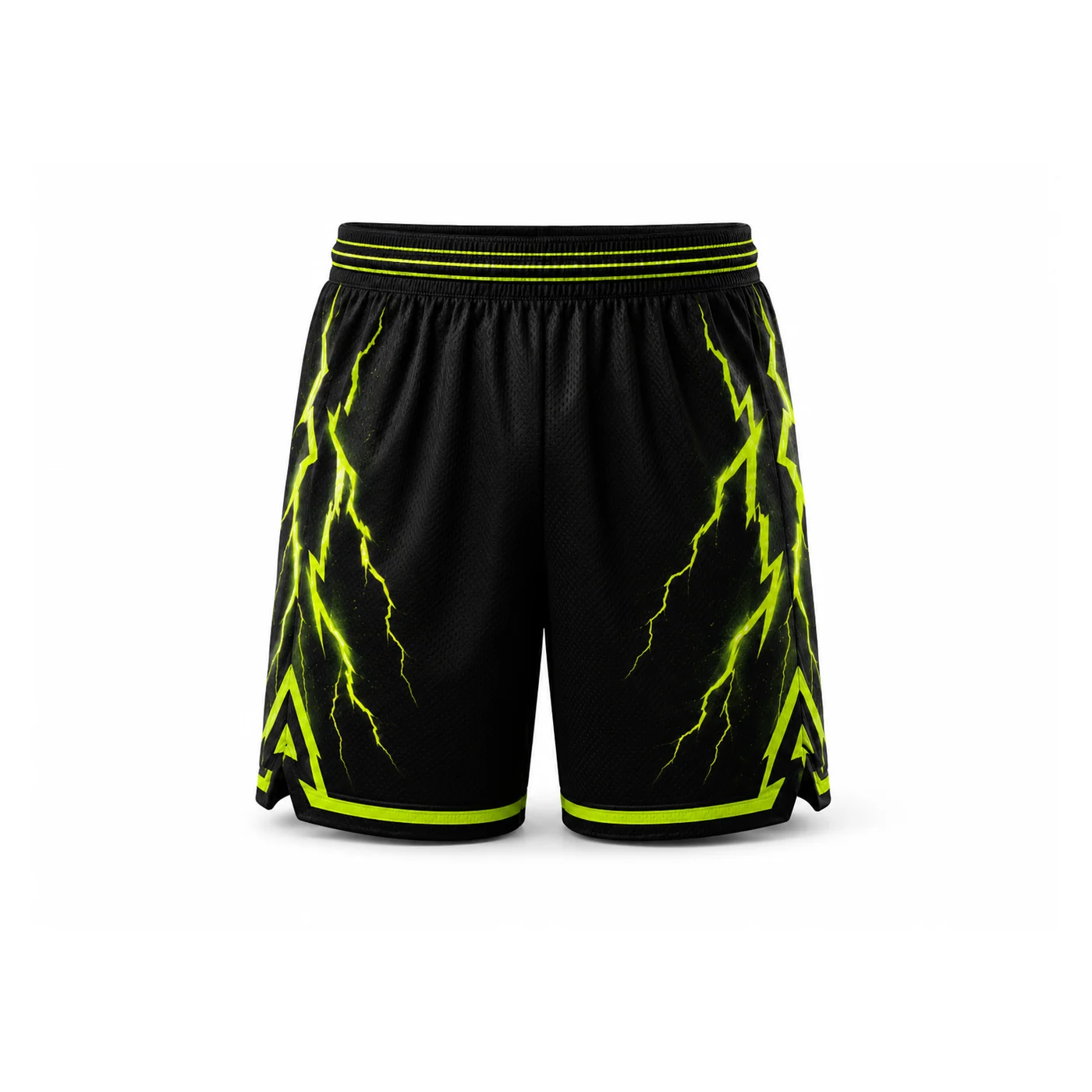 Black POXIOL basketball shorts with neon green lightning side graphics