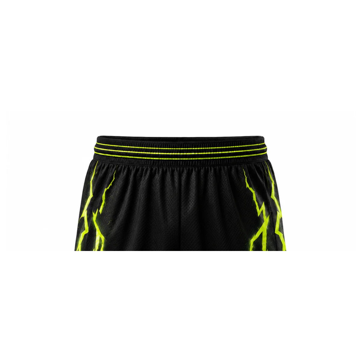 Close-up visualization of elastic waistband on black basketball shorts