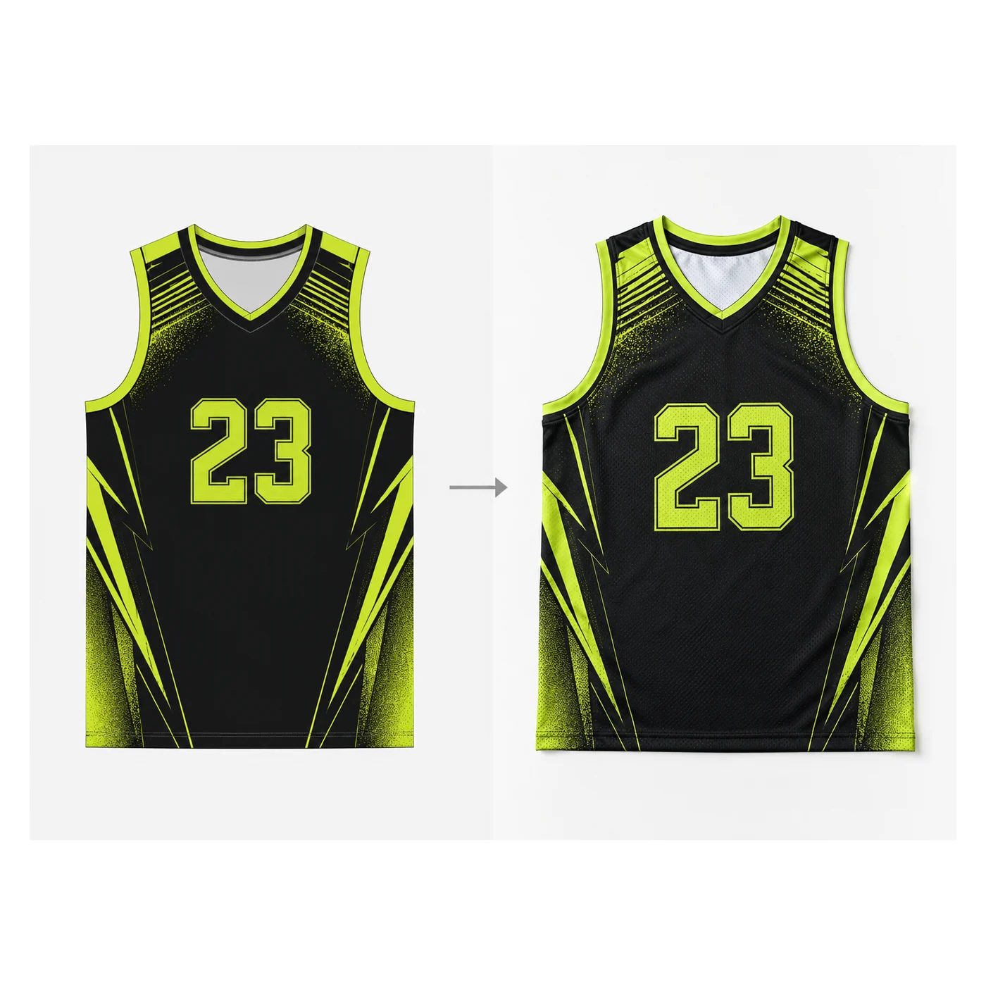 Basketball jersey design visualization transitioning from mockup to finished presentation