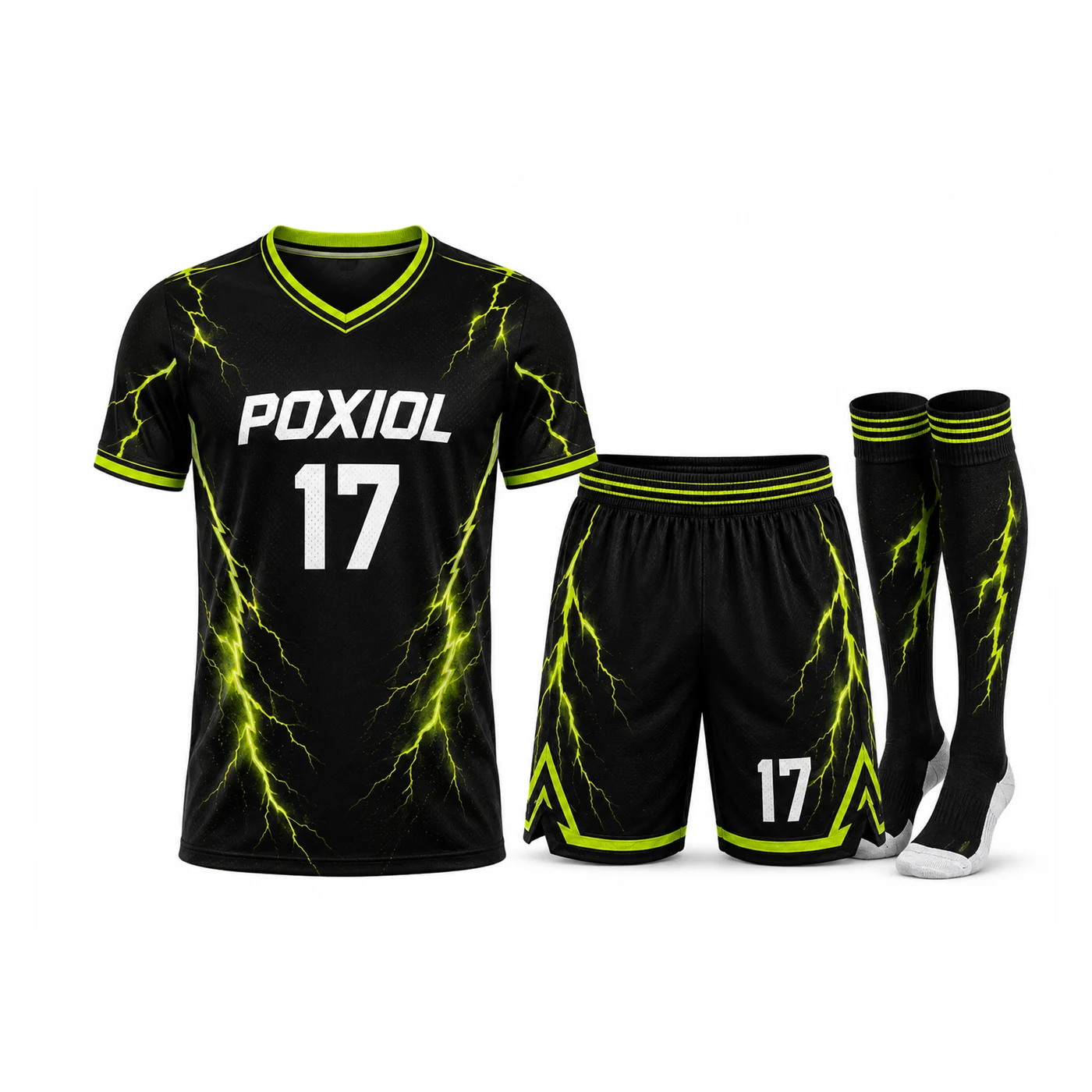 POXIOL black and neon green soccer kit with jersey shorts and socks